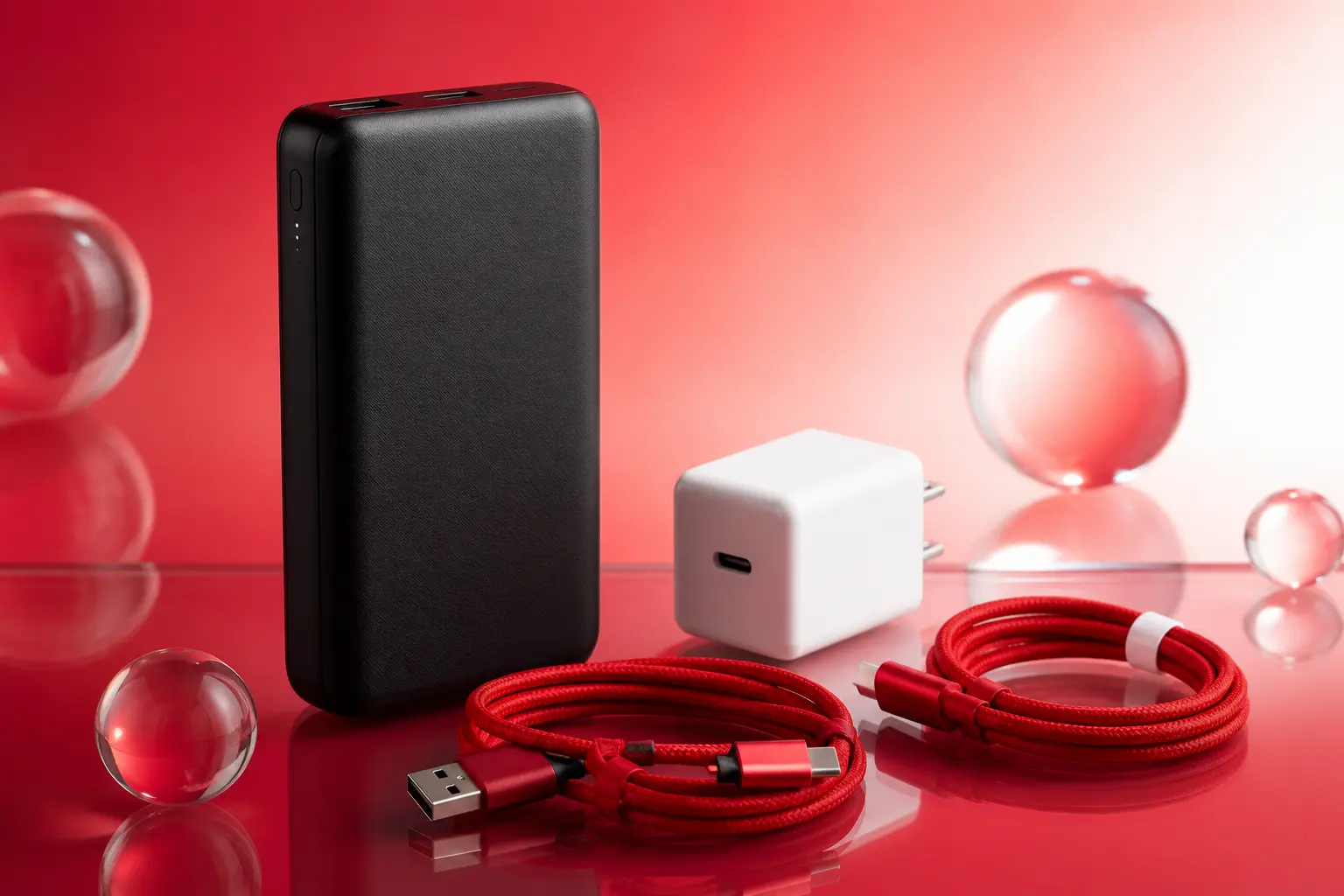 Power bank, red cables and wall adapter for wholesale orders