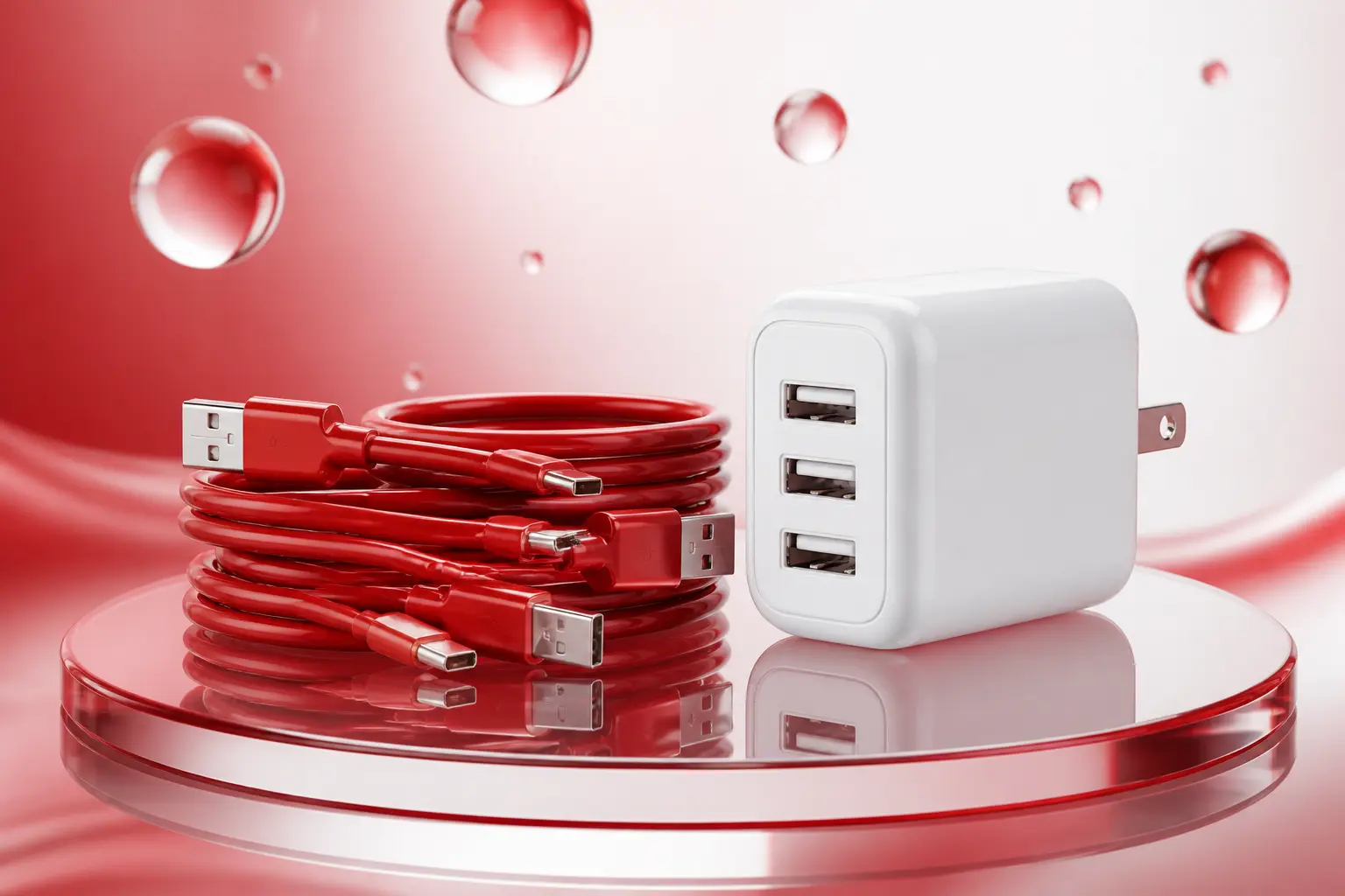 Red USB cables and a white 3-port wall adapter on a glossy glass pedestal